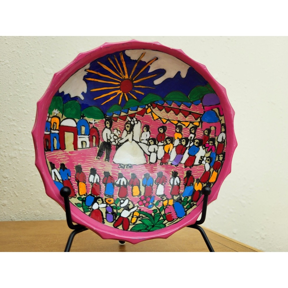 Mexican Clay Folk Art Bride Groom Wedding Dance Hand Painted Small Bowl Hanging